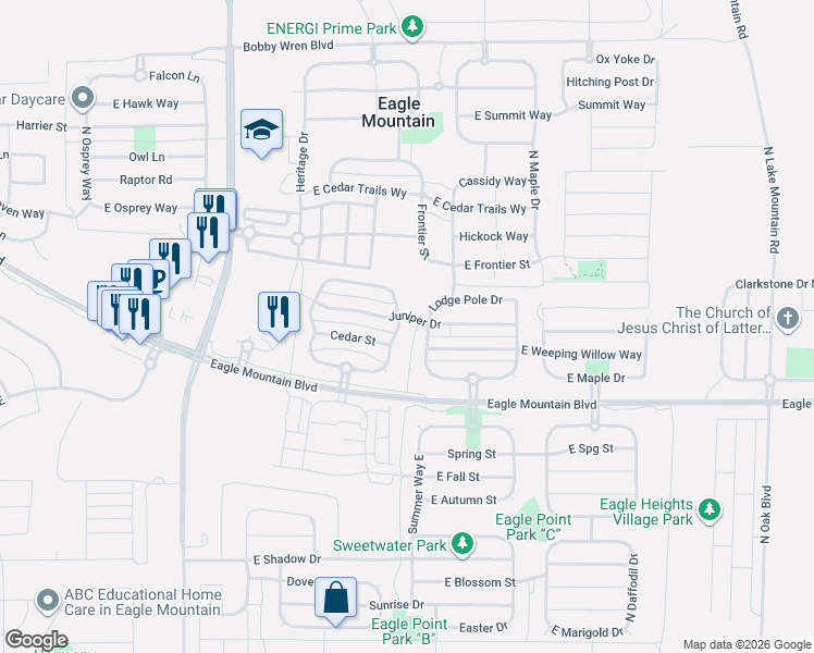 map of restaurants, bars, coffee shops, grocery stores, and more near 4158 Northeast Pinion Circle in Eagle Mountain