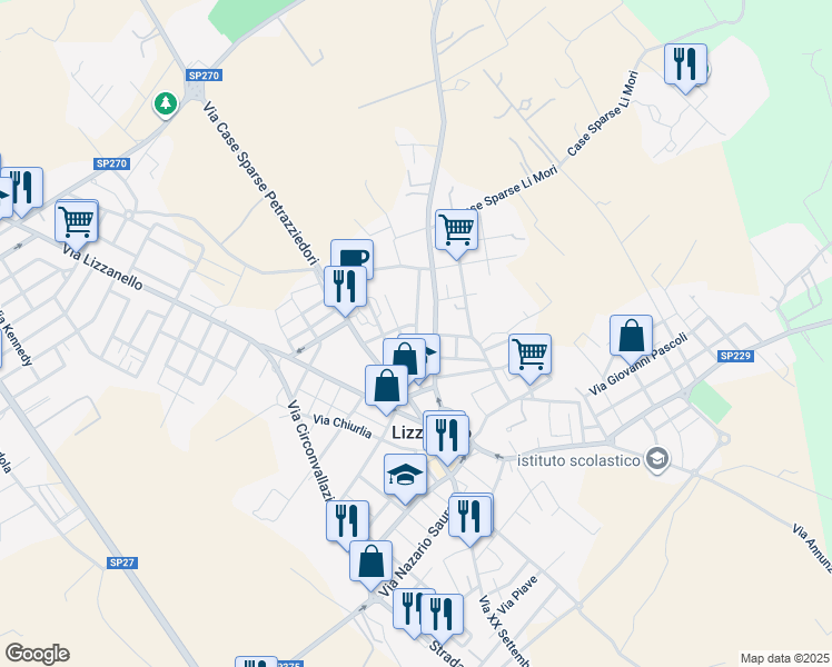 map of restaurants, bars, coffee shops, grocery stores, and more near 4 Via Don Giovanni Bosco in Lizzanello