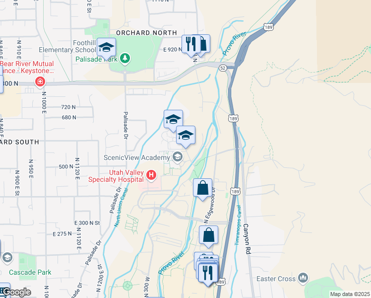 map of restaurants, bars, coffee shops, grocery stores, and more near 5448 Heritage School Drive in Provo