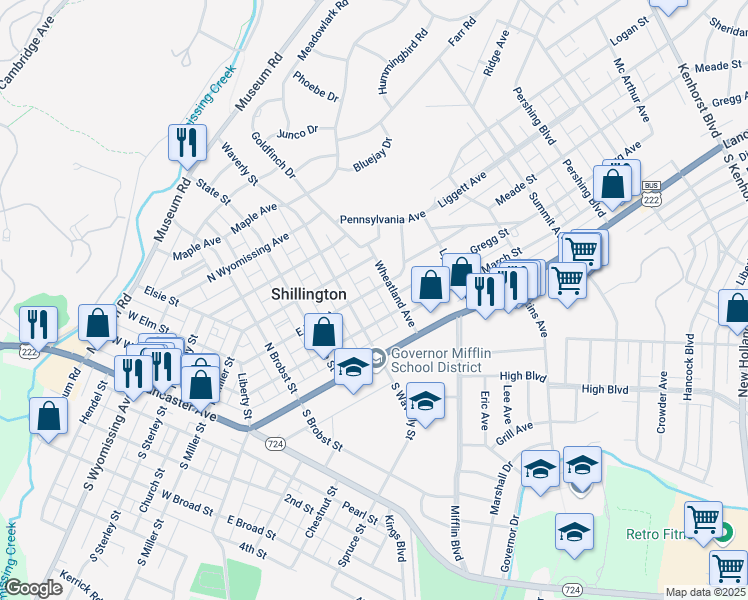 map of restaurants, bars, coffee shops, grocery stores, and more near 300 East Elm Street in Reading
