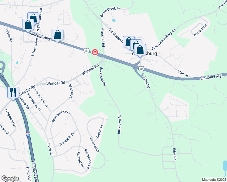 map of restaurants, bars, coffee shops, grocery stores, and more near 65 Bucktown Road in Irwin