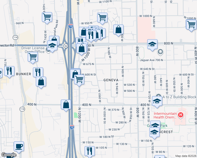 map of restaurants, bars, coffee shops, grocery stores, and more near 1058 West 570 North Street in Orem