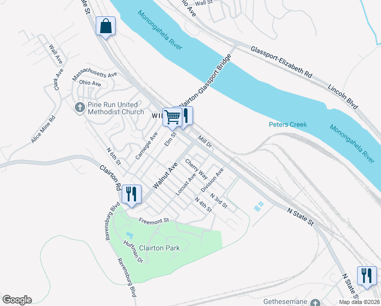 map of restaurants, bars, coffee shops, grocery stores, and more near 122 Walnut Avenue in Clairton