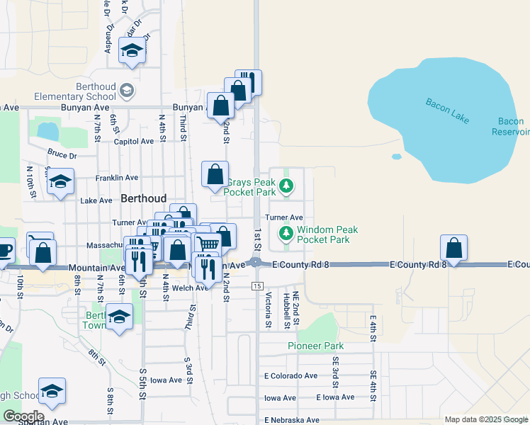 map of restaurants, bars, coffee shops, grocery stores, and more near 725 Mount Massive Street in Berthoud