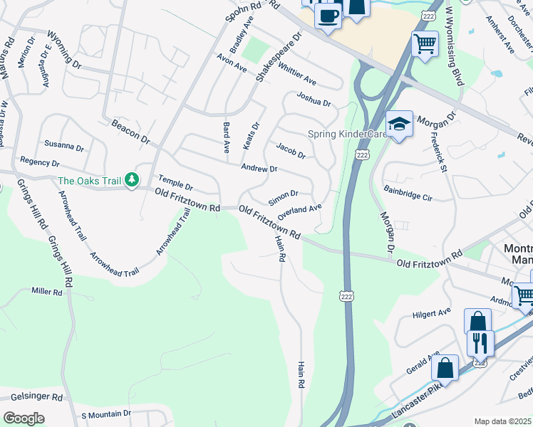 map of restaurants, bars, coffee shops, grocery stores, and more near 2520 Simon Drive in Sinking Spring