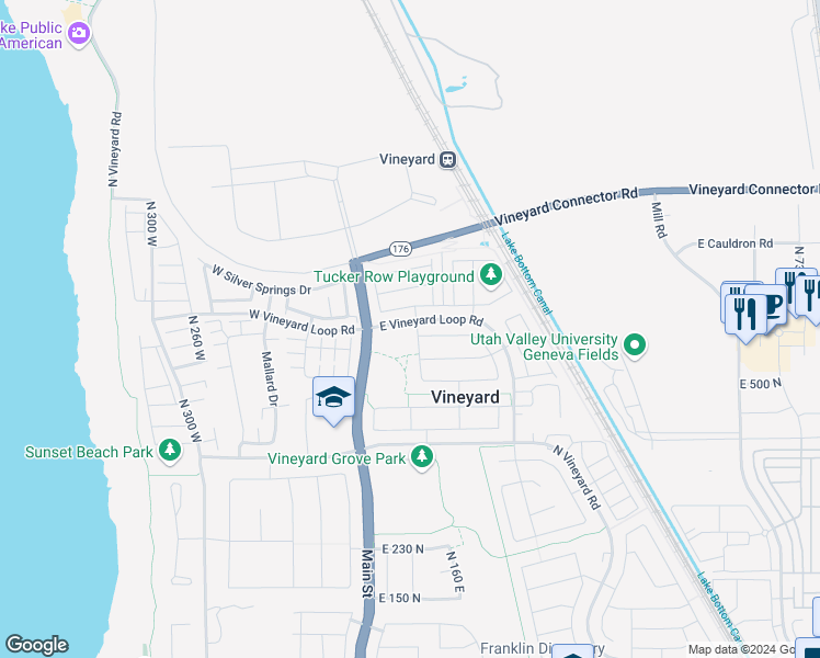 map of restaurants, bars, coffee shops, grocery stores, and more near 591 North 100 East in Vineyard