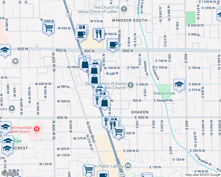 map of restaurants, bars, coffee shops, grocery stores, and more near 600 North 100 West in Orem