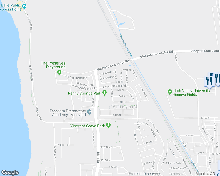 map of restaurants, bars, coffee shops, grocery stores, and more near 84e East Vineyard Loop Road in Vineyard