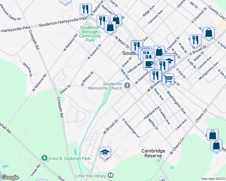 map of restaurants, bars, coffee shops, grocery stores, and more near 162 West Street in Souderton