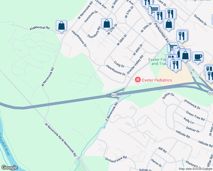 map of restaurants, bars, coffee shops, grocery stores, and more near 315 Grande Valley Road in Reading