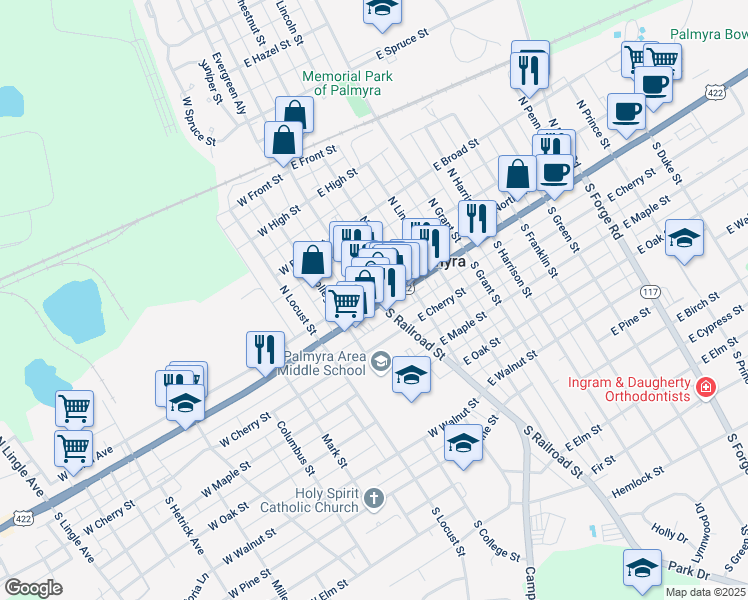 map of restaurants, bars, coffee shops, grocery stores, and more near 16 North Railroad Street in Palmyra