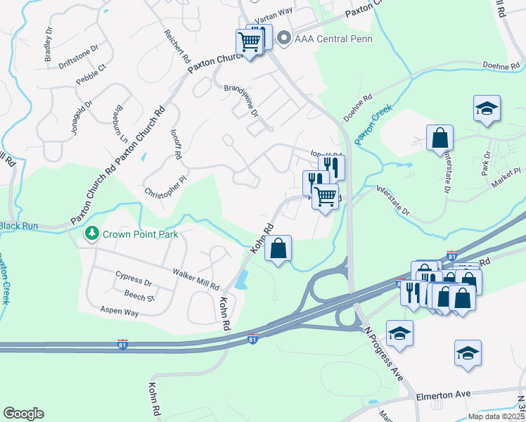 map of restaurants, bars, coffee shops, grocery stores, and more near 134 Reserve Way in Harrisburg