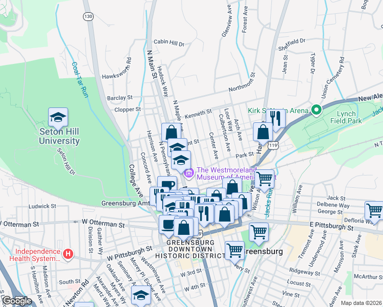 map of restaurants, bars, coffee shops, grocery stores, and more near 347 North Maple Avenue in Greensburg
