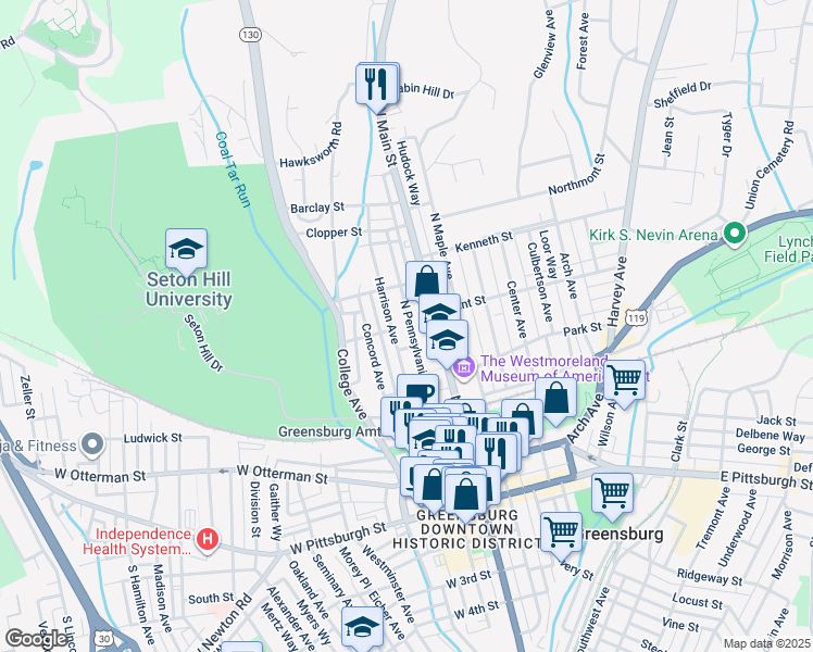 map of restaurants, bars, coffee shops, grocery stores, and more near 414 Harrison Avenue in Greensburg