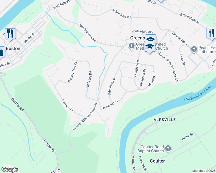 map of restaurants, bars, coffee shops, grocery stores, and more near 523 Friendship Drive in McKeesport