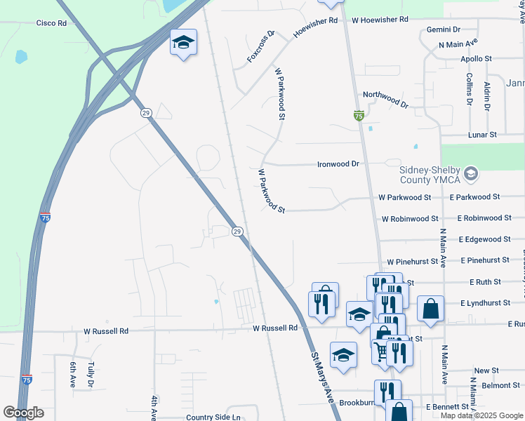 map of restaurants, bars, coffee shops, grocery stores, and more near 527 West Parkwood Street in Sidney