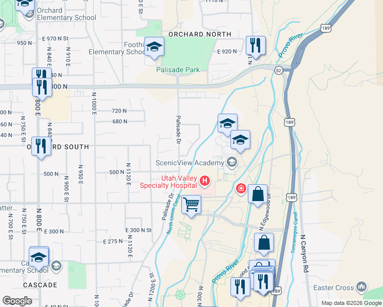 map of restaurants, bars, coffee shops, grocery stores, and more near 566 North Bella Vista Drive in Orem