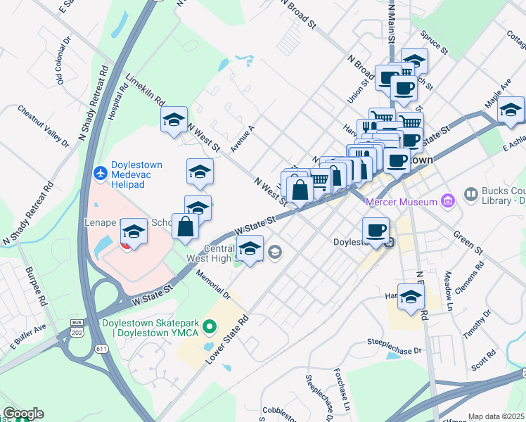 map of restaurants, bars, coffee shops, grocery stores, and more near 210 North West Street in Doylestown
