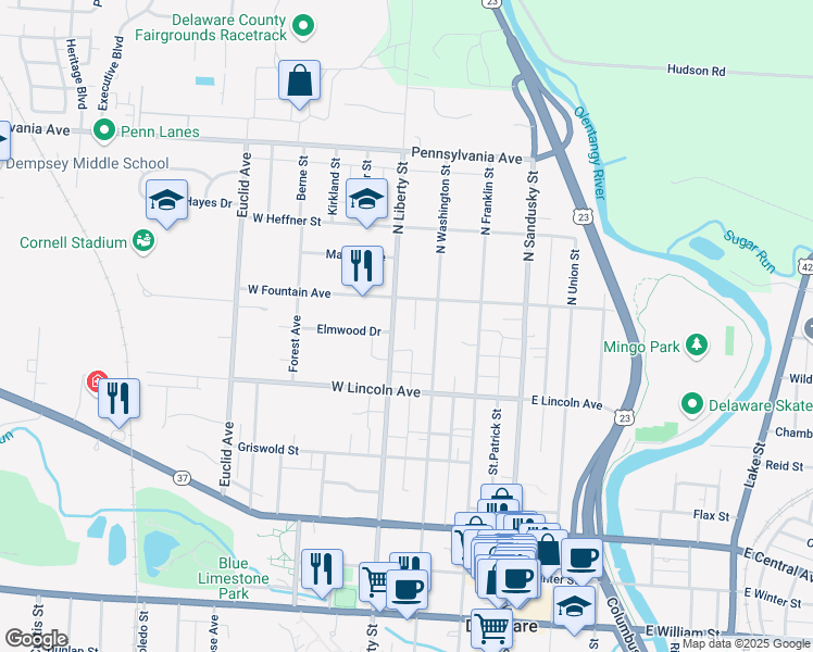 map of restaurants, bars, coffee shops, grocery stores, and more near 286 North Liberty Street in Delaware
