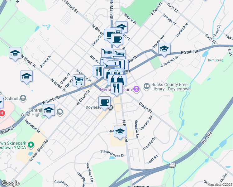 map of restaurants, bars, coffee shops, grocery stores, and more near 21 West Ashland Street in Doylestown