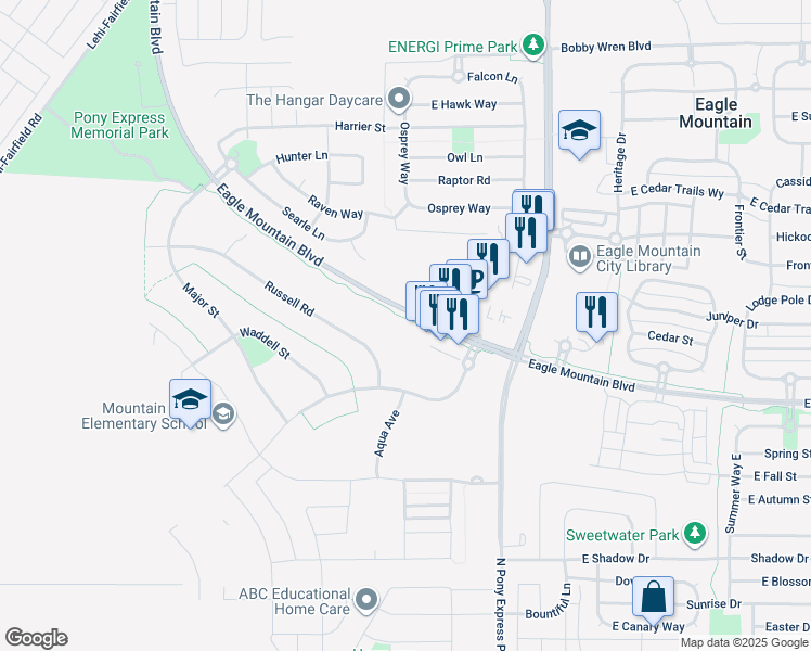 map of restaurants, bars, coffee shops, grocery stores, and more near 1308 Eagle Mountain Boulevard in Eagle Mountain