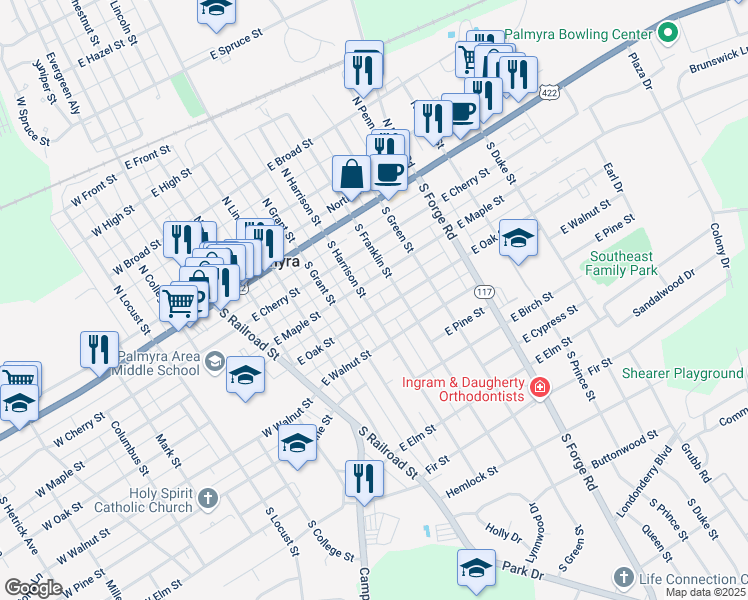 map of restaurants, bars, coffee shops, grocery stores, and more near 425 East Oak Street in Palmyra