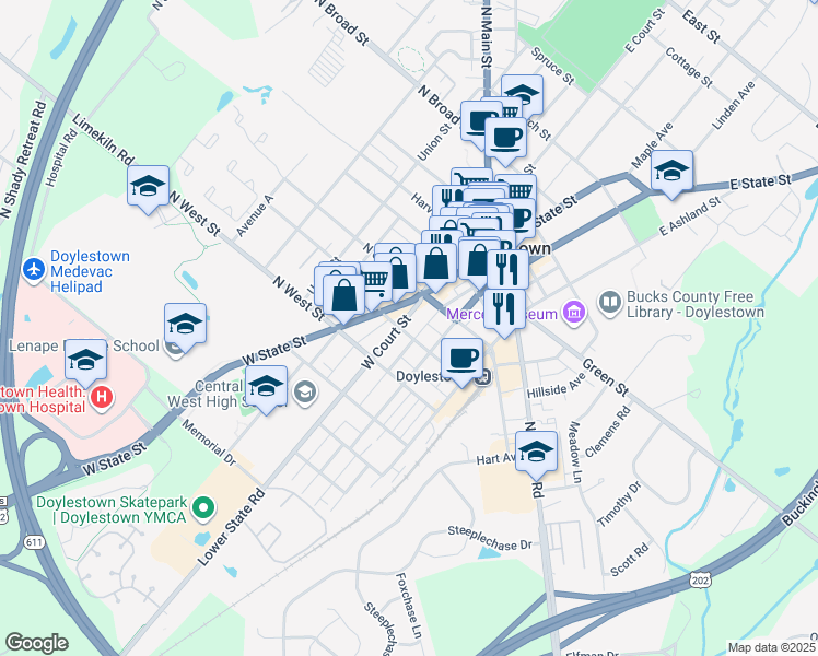 map of restaurants, bars, coffee shops, grocery stores, and more near 170 West Court Street in Doylestown