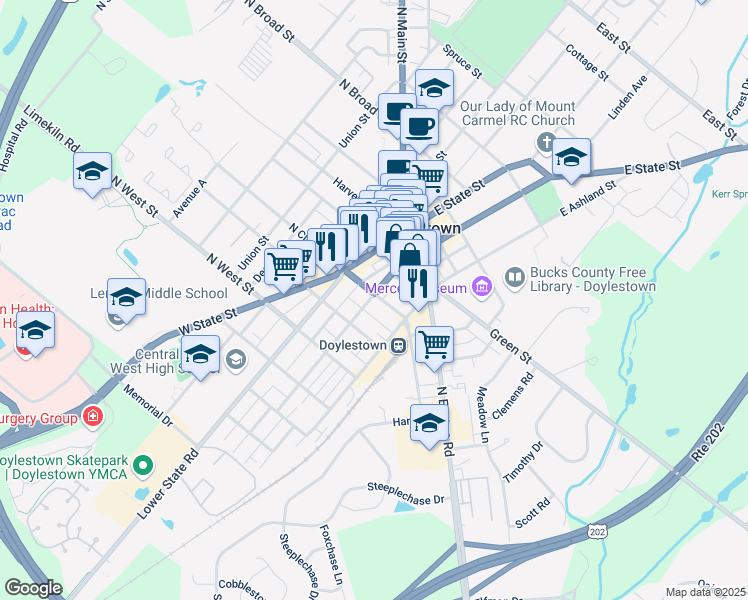 map of restaurants, bars, coffee shops, grocery stores, and more near 64 South Clinton Street in Doylestown