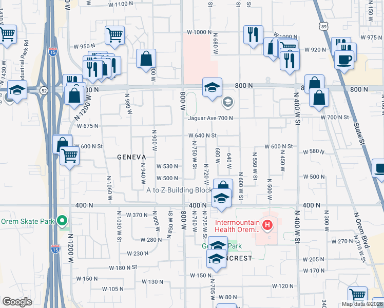 map of restaurants, bars, coffee shops, grocery stores, and more near 755 West 600 North Street in Orem