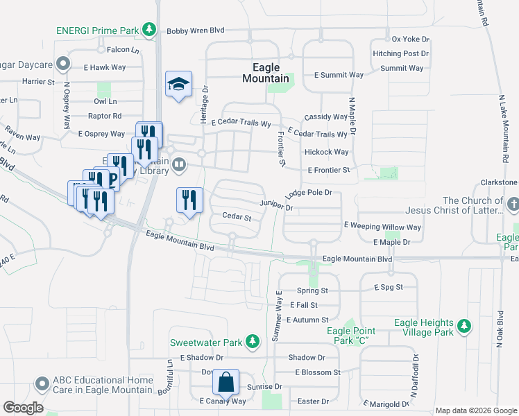 map of restaurants, bars, coffee shops, grocery stores, and more near 1906 Juniper Drive in Eagle Mountain