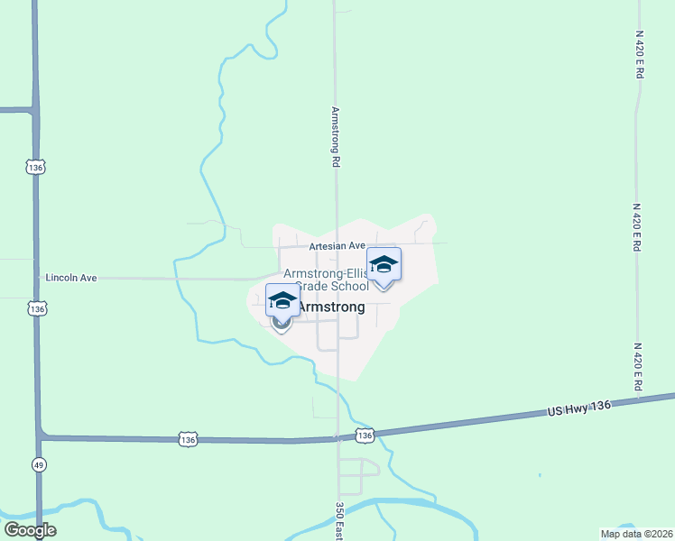 map of restaurants, bars, coffee shops, grocery stores, and more near 30600 North 350 East Road in Armstrong