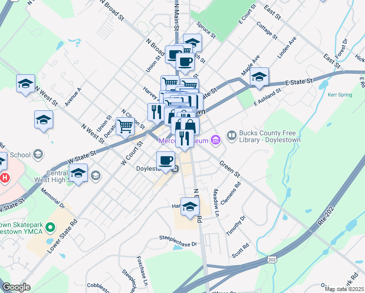 map of restaurants, bars, coffee shops, grocery stores, and more near 21 West Ashland Street in Doylestown