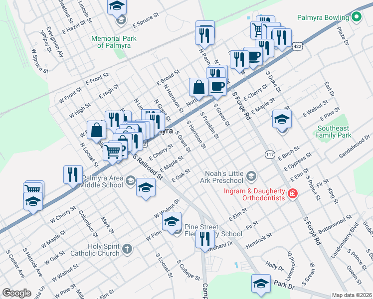 map of restaurants, bars, coffee shops, grocery stores, and more near 226 East Cherry Street in Palmyra