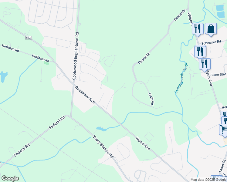map of restaurants, bars, coffee shops, grocery stores, and more near 11 McBride Road in Manalapan Township