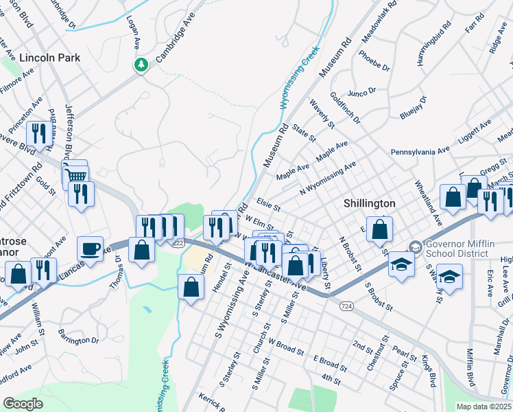 map of restaurants, bars, coffee shops, grocery stores, and more near 524 Elsie Street in Shillington