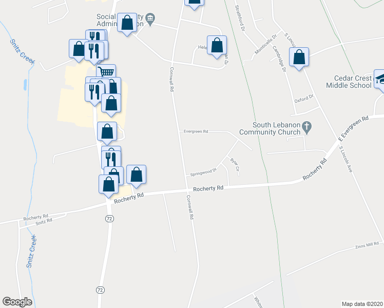 map of restaurants, bars, coffee shops, grocery stores, and more near 2020 Cornwall Road in Lebanon