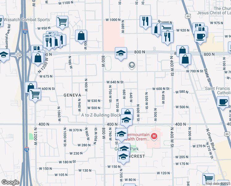 map of restaurants, bars, coffee shops, grocery stores, and more near 557 North Emery Avenue in Orem
