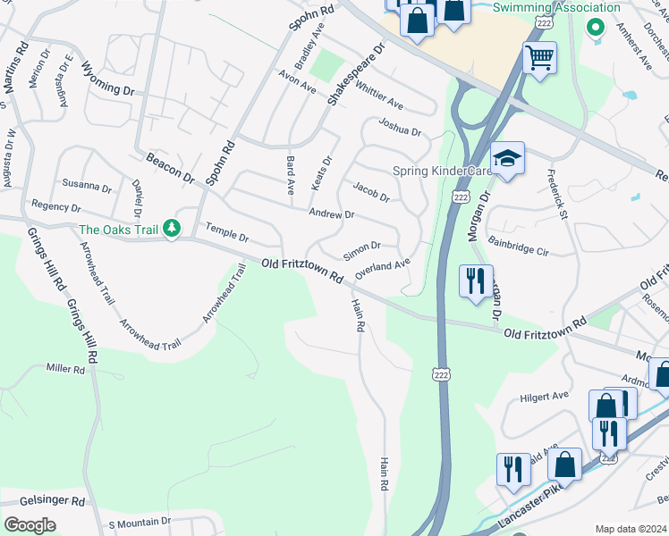 map of restaurants, bars, coffee shops, grocery stores, and more near 2522 Simon Drive in Sinking Spring