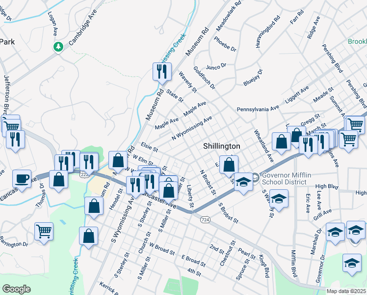map of restaurants, bars, coffee shops, grocery stores, and more near 31 Pennsylvania Avenue in Shillington