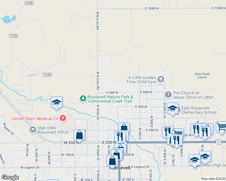 map of restaurants, bars, coffee shops, grocery stores, and more near 167 East 600 North in Roosevelt