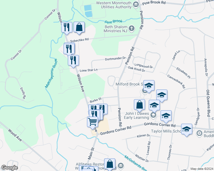 map of restaurants, bars, coffee shops, grocery stores, and more near 44 Atrium Way in Manalapan Township