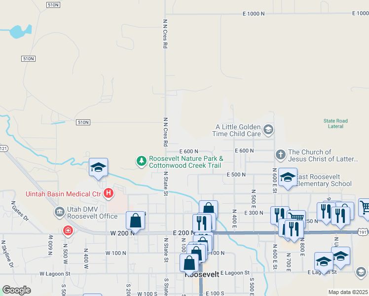 map of restaurants, bars, coffee shops, grocery stores, and more near 133 East 600 North in Roosevelt