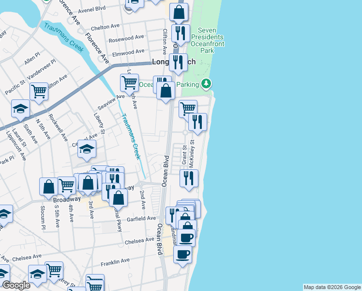 map of restaurants, bars, coffee shops, grocery stores, and more near 15 Greeley Terrace in Long Branch