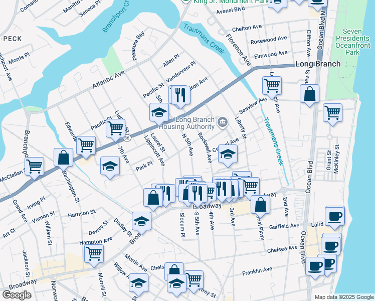 map of restaurants, bars, coffee shops, grocery stores, and more near 107 Sixth Avenue in Long Branch