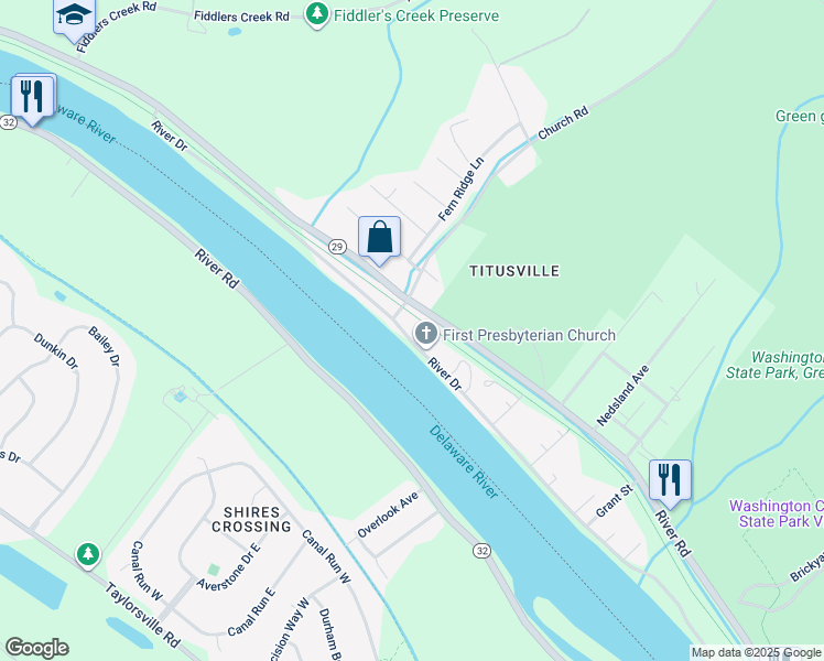 map of restaurants, bars, coffee shops, grocery stores, and more near 38 River Drive in Hopewell Township