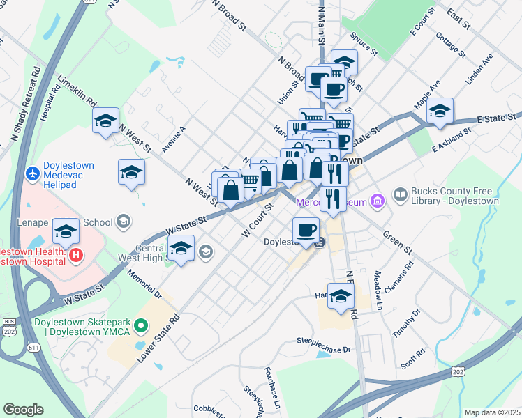 map of restaurants, bars, coffee shops, grocery stores, and more near 195 West Court Street in Doylestown