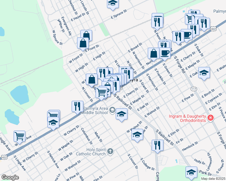 map of restaurants, bars, coffee shops, grocery stores, and more near 16 North Railroad Street in Palmyra