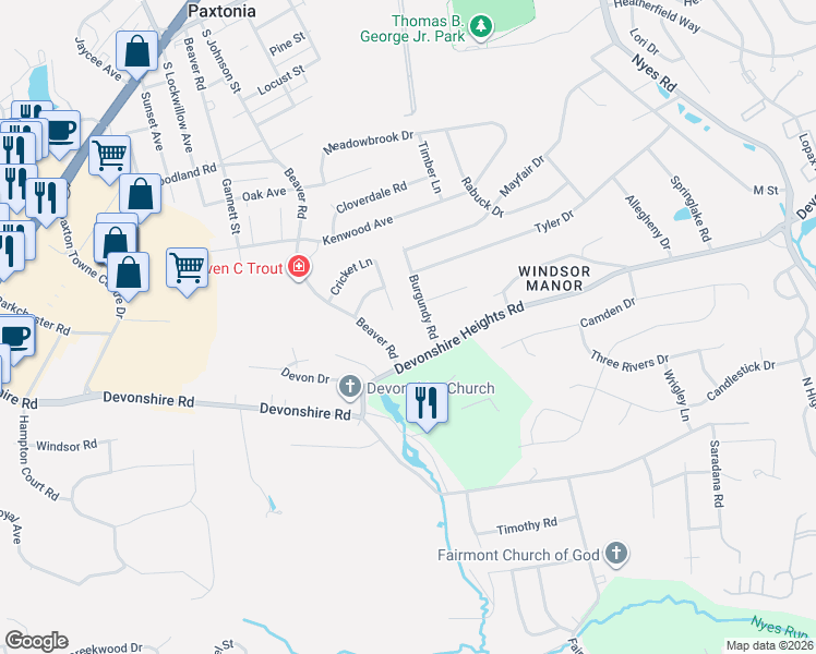 map of restaurants, bars, coffee shops, grocery stores, and more near 630 Burgundy Road in Harrisburg