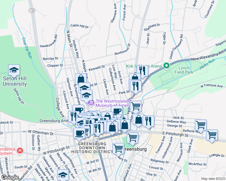 map of restaurants, bars, coffee shops, grocery stores, and more near 314 Culbertson Avenue in Greensburg