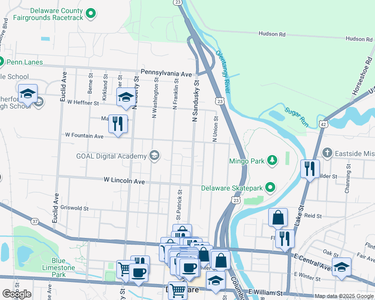 map of restaurants, bars, coffee shops, grocery stores, and more near 298 North Sandusky Street in Delaware